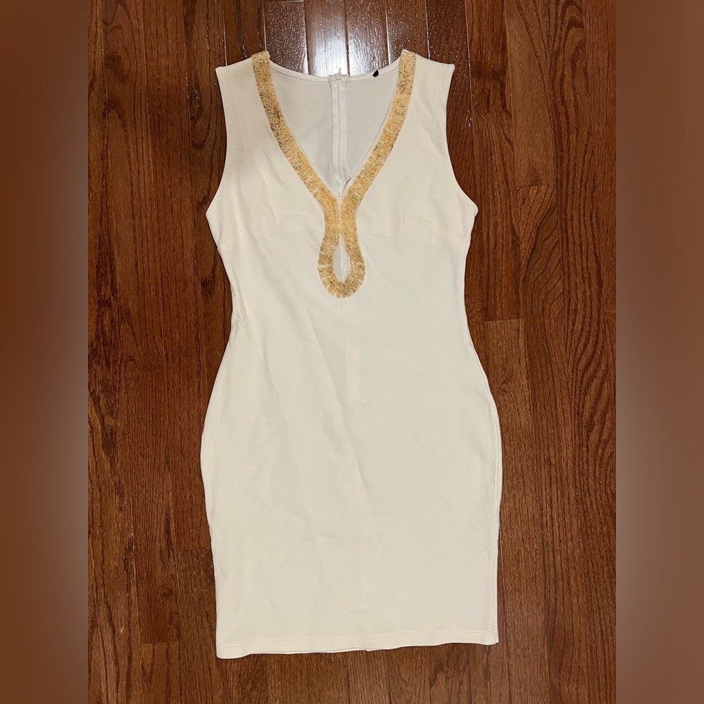 White Mini Dress with Gold Beaded Trim Neckline